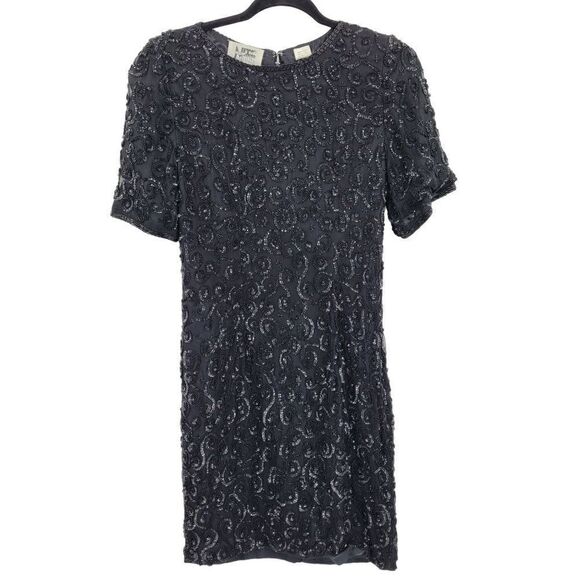 Vintage 80's Niteline Dress Silk Formal Black Swirl Sequin Beaded Short Sleeve 4 - Picture 1 of 11